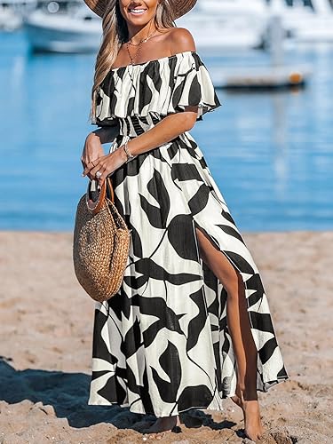 CUPSHE Women Maxi Dress Off Shoulder Ruffle Floral Summer Slit Beachwear