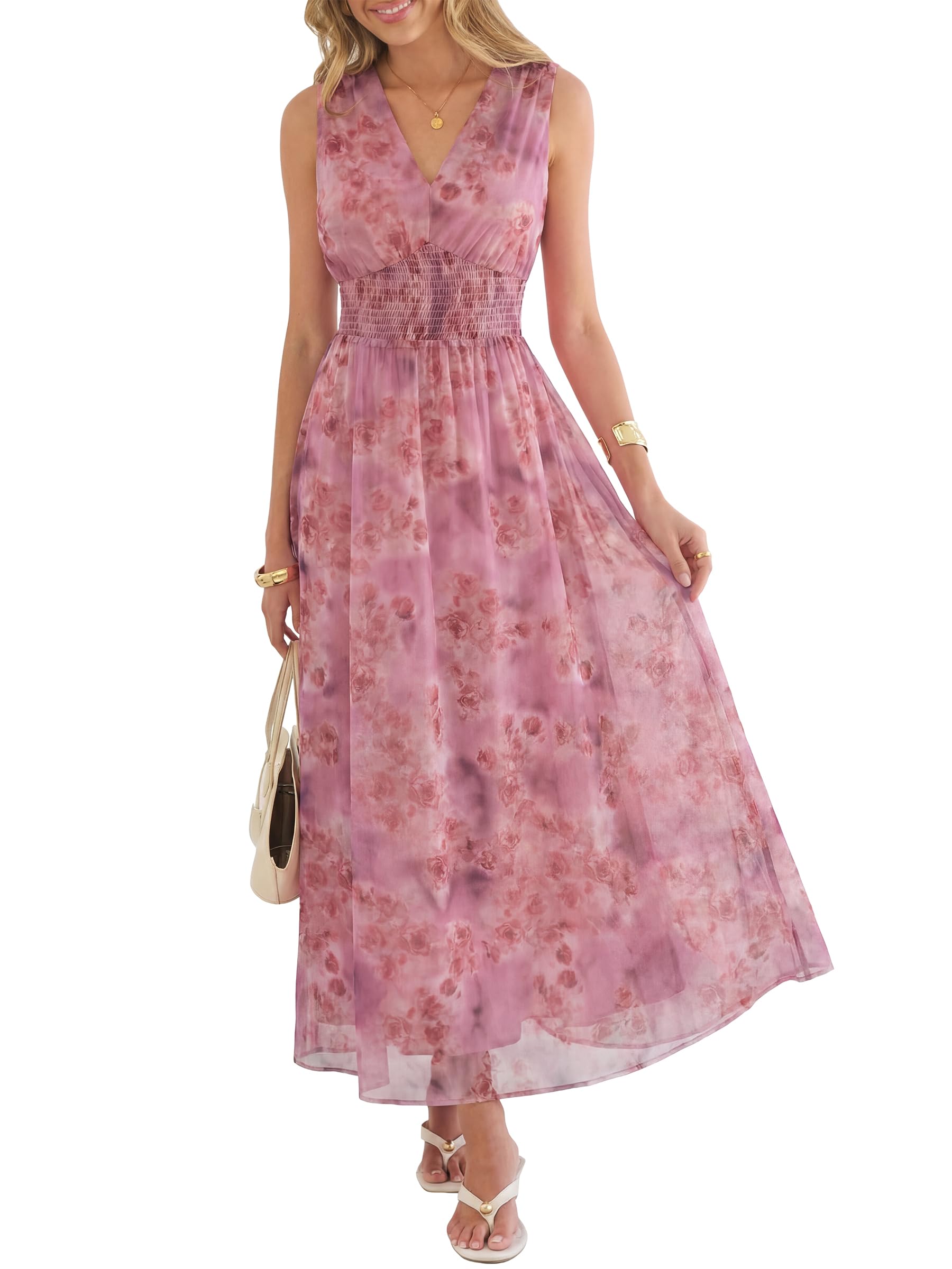 Womens Summer Floral Maxi Dress, A Line Tulle,Elegant for Wedding Guest & Beach Vacation,Flowy Casual Boho Outfits