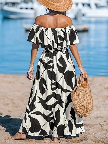 CUPSHE Women Maxi Dress Off Shoulder Ruffle Floral Summer Slit Beachwear