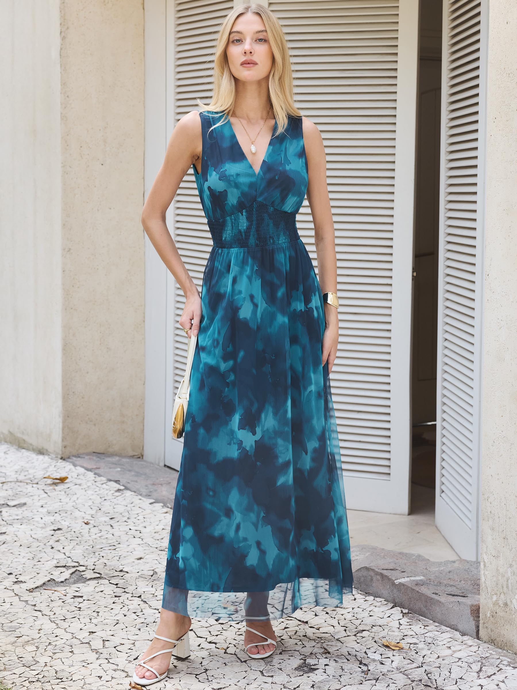 Womens Summer Floral Maxi Dress, A Line Tulle,Elegant for Wedding Guest & Beach Vacation,Flowy Casual Boho Outfits