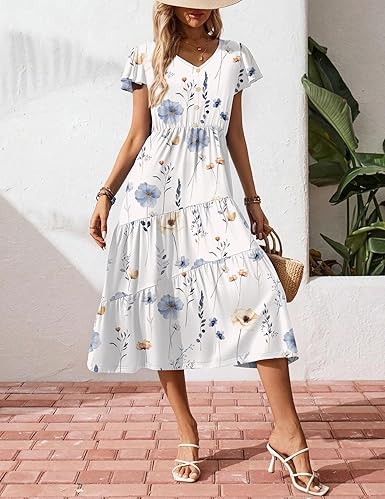 Zeagoo Womens V Neck Button Down Tiered Flowy Long Summer Dress w/ Pockets