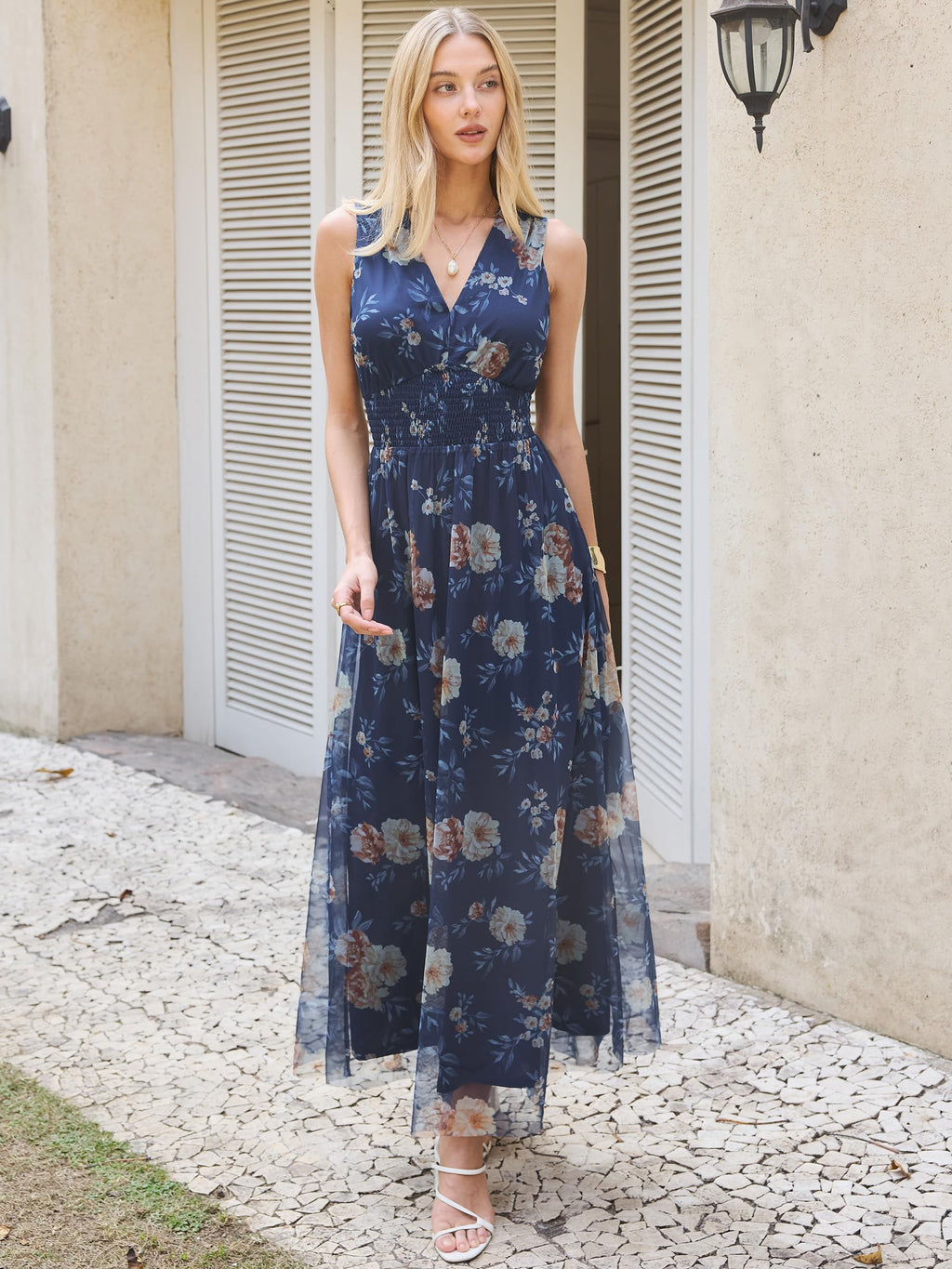 Womens Summer Floral Maxi Dress, A Line Tulle,Elegant for Wedding Guest & Beach Vacation,Flowy Casual Boho Outfits