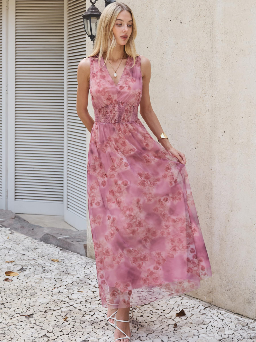 Womens Summer Floral Maxi Dress, A Line Tulle,Elegant for Wedding Guest & Beach Vacation,Flowy Casual Boho Outfits