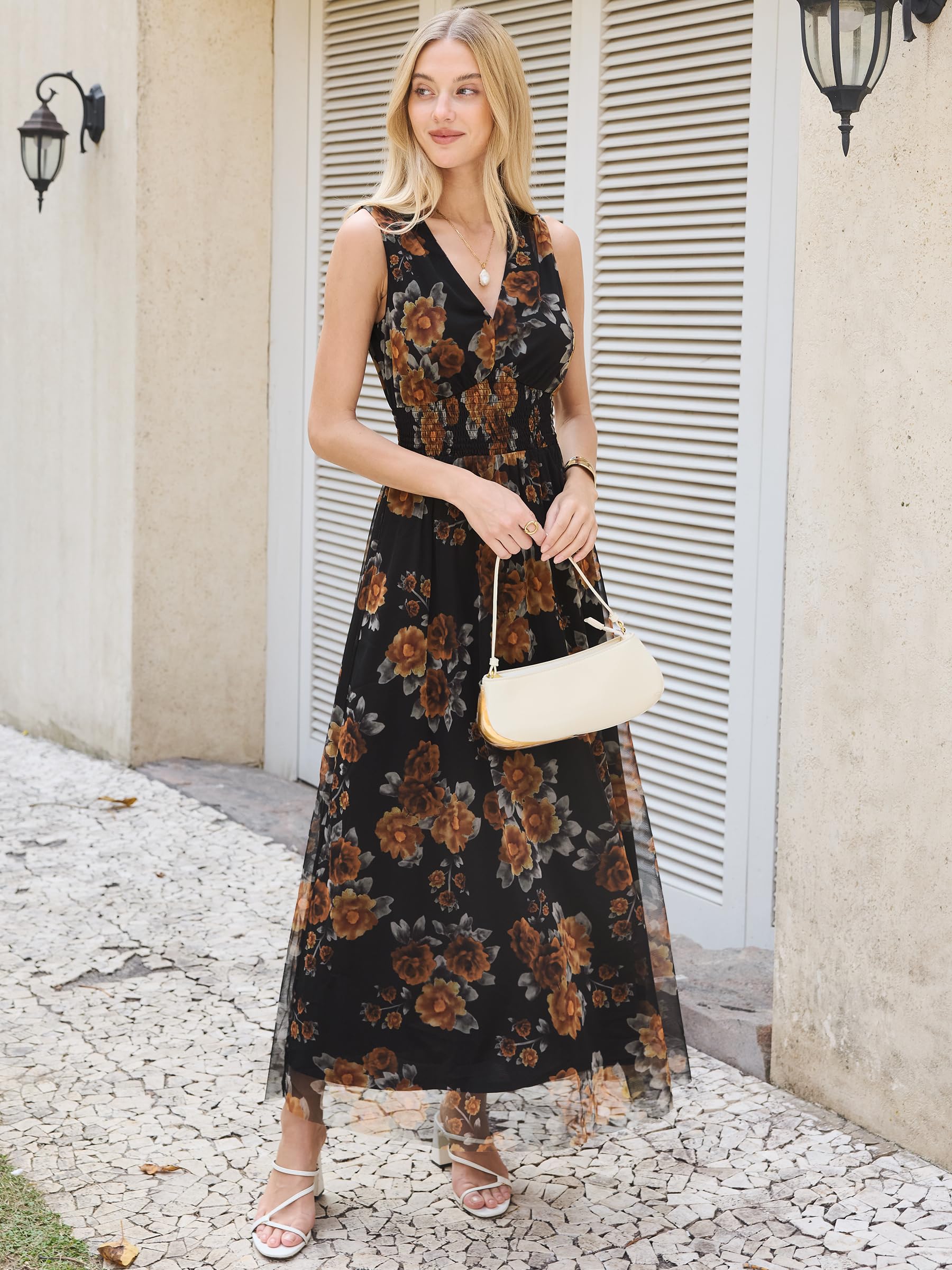 Womens Summer Floral Maxi Dress, A Line Tulle,Elegant for Wedding Guest & Beach Vacation,Flowy Casual Boho Outfits