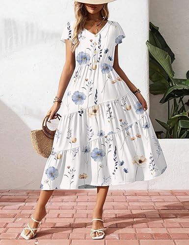 Zeagoo Womens V Neck Button Down Tiered Flowy Long Summer Dress w/ Pockets