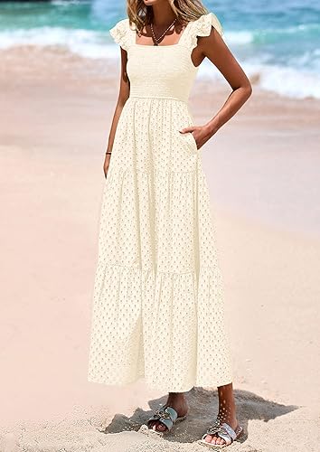PRETTYGARDEN Cap Sleeve Maxi Dress Women Tiered Eyelet Long Summer Gown