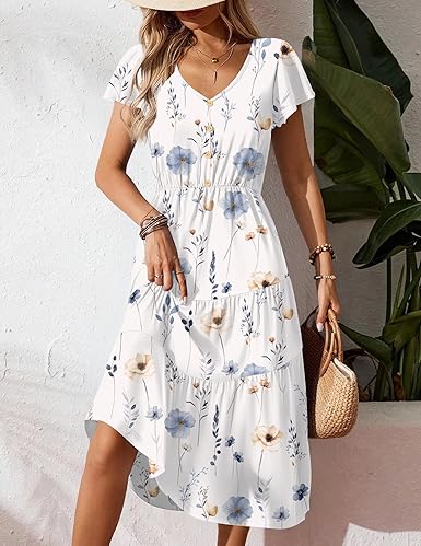 Zeagoo Womens V Neck Button Down Tiered Flowy Long Summer Dress w/ Pockets