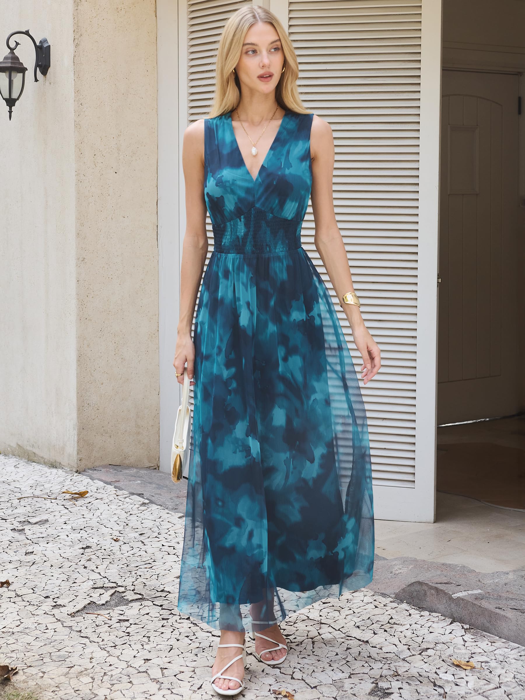 Womens Summer Floral Maxi Dress, A Line Tulle,Elegant for Wedding Guest & Beach Vacation,Flowy Casual Boho Outfits