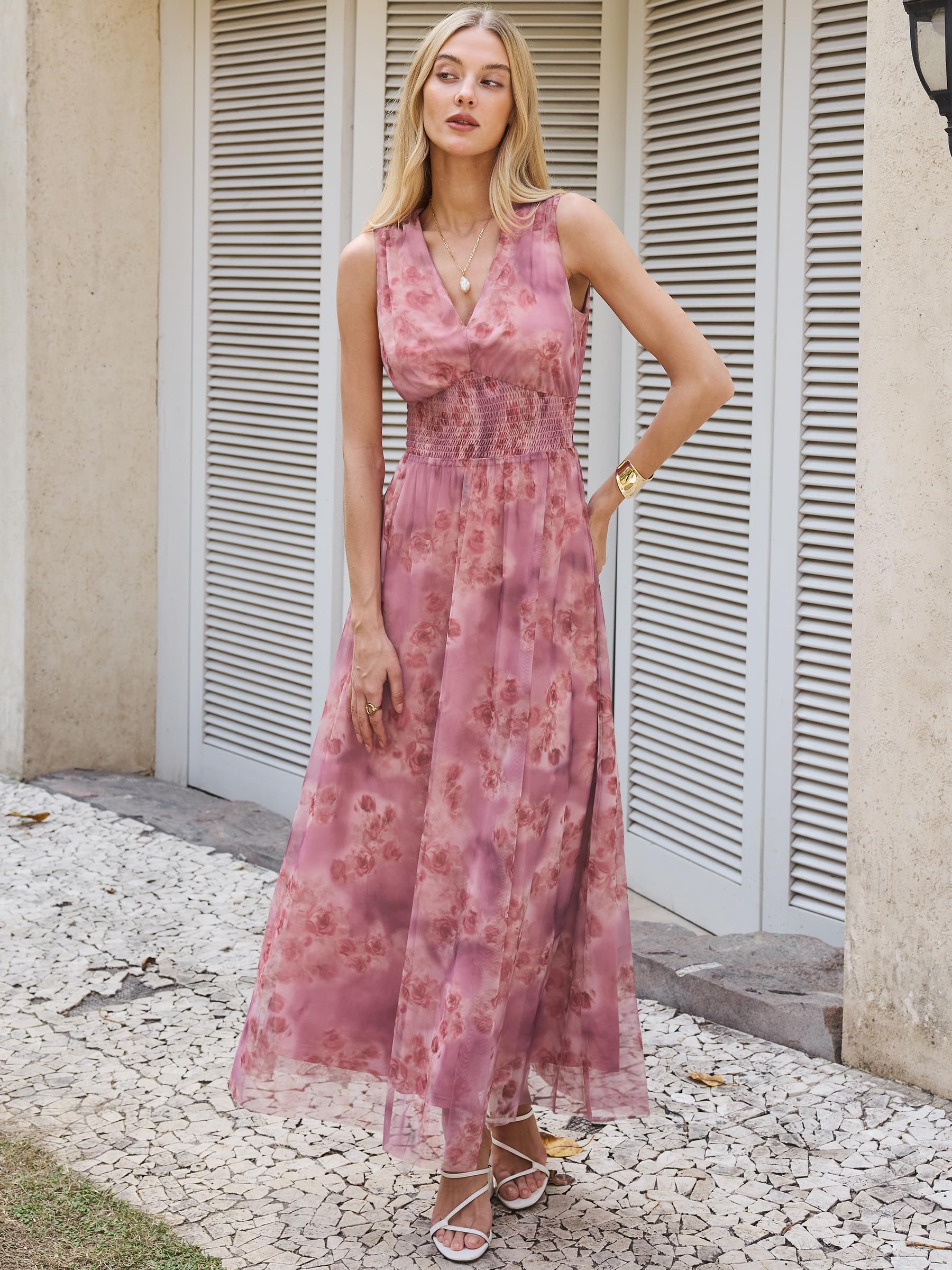 Womens Summer Floral Maxi Dress, A Line Tulle,Elegant for Wedding Guest & Beach Vacation,Flowy Casual Boho Outfits